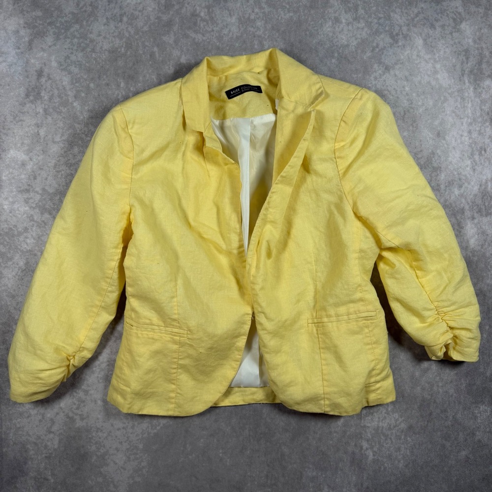 Business Casual Yellow Ruched 3/4 Sleeve Linen Blend Cropped Blazer Jacket XS